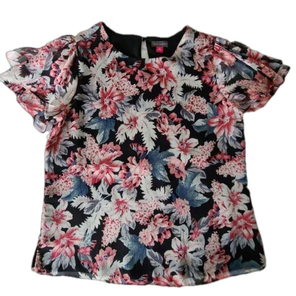 Vince Camuto Red White Black Grey Floral Blouse XS NWT
